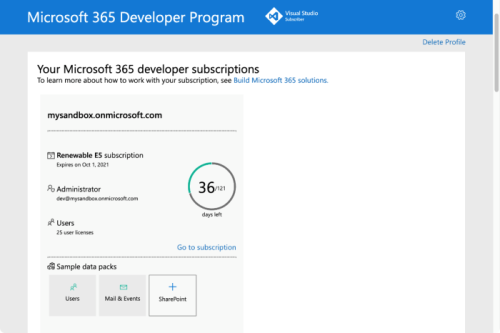 Captura de tela do Microsoft 365 Developer Program exibindo suas assinaturas de desenvolvedor do Microsoft 365.