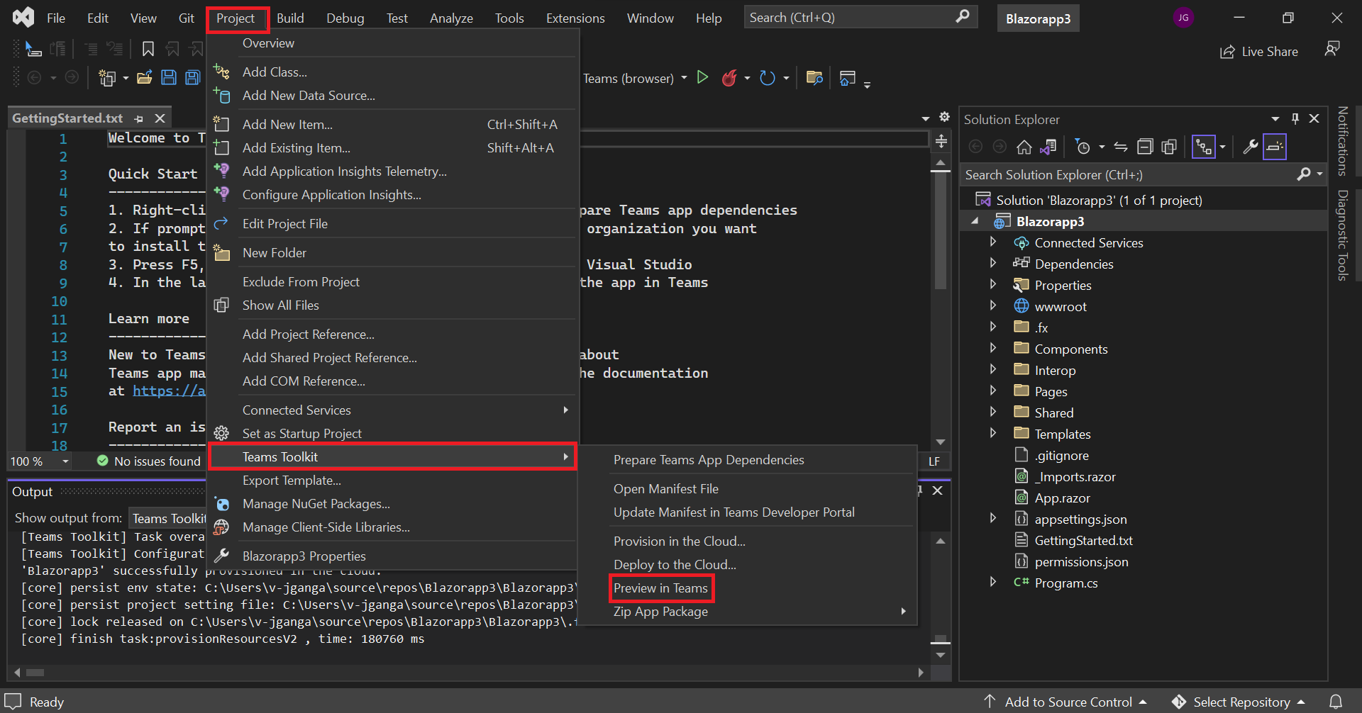 Captura de tela do Visual Studio com as opções Project, Teams Toolkit e Preview no Teams realçadas em vermelho.
