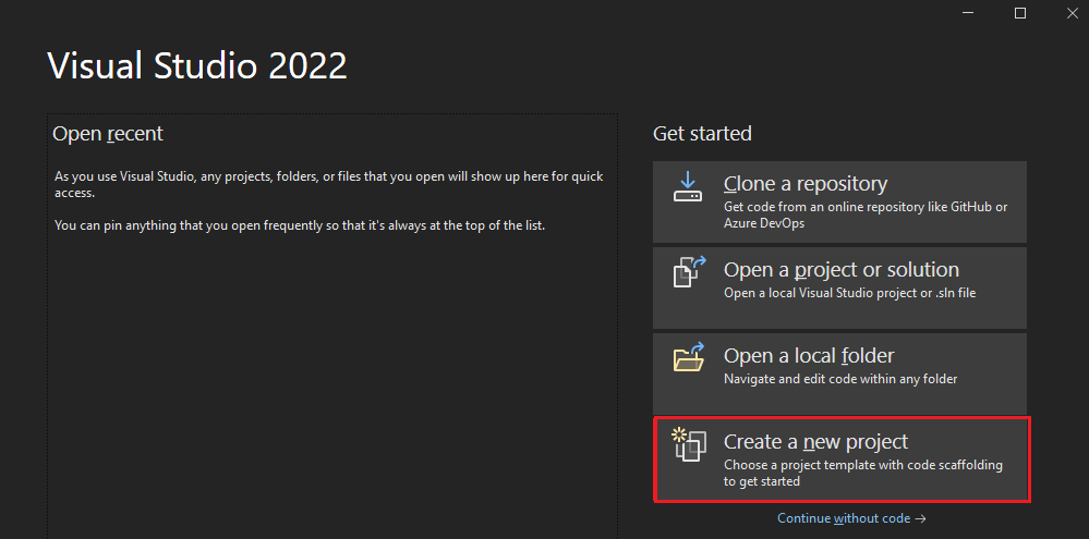 Captura de tela do Visual Studio com a opção Criar um novo projeto realçada em vermelho.