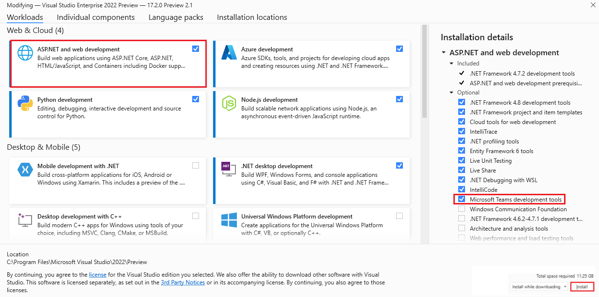 Captura de tela do Visual Studio Enterprise Preview com a opção Asp.NET e desenvolvimento da Web, ferramentas de desenvolvimento do Microsoft Teams em detalhes de instalação e instalação realçadas em vermelho.