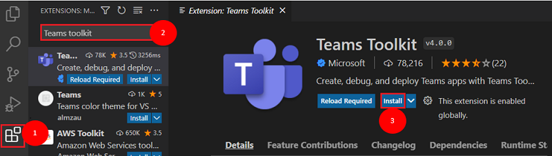 A ilustração mostra a instalação da extensão do Teams Toolkit.