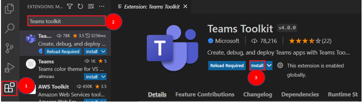 A ilustração mostra a instalação da extensão do Teams Toolkit.