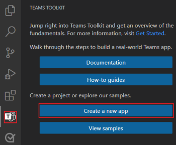 Localização do link de Criação de Novo Projeto na barra lateral do Kit de ferramentas do Teams.