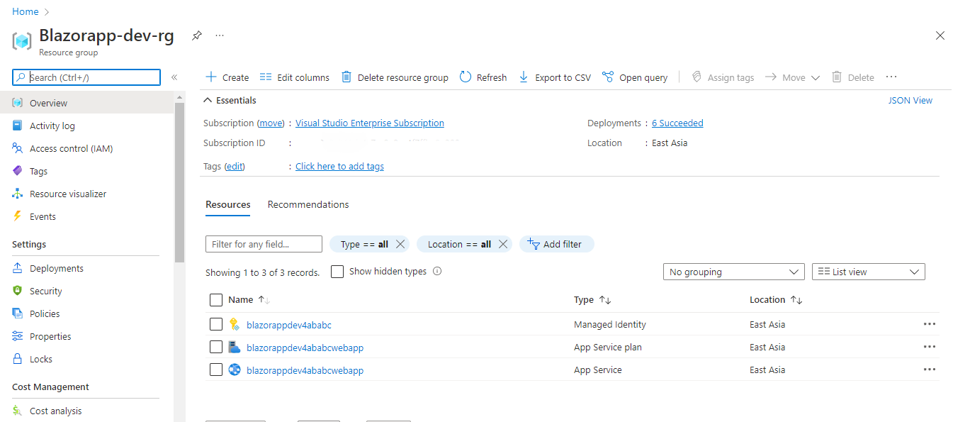 Captura de tela de Blazorapp-dev-rg exibindo os Recursos provisionados no portal do Azure.