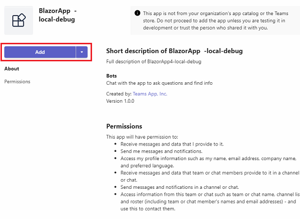 Captura de tela da depuração local do BlazorApp com a opção Adicionar realçada em vermelho.