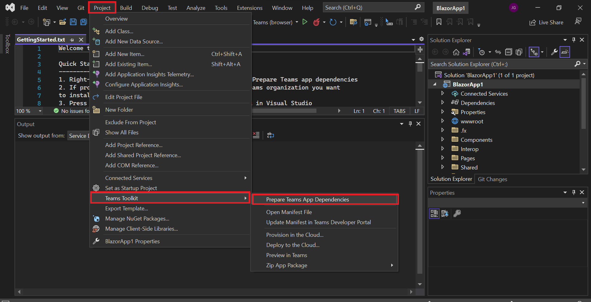 Captura de tela do Visual Studio com as opções project, Teams Toolkit e Prepare Teams App Dependencies realçadas em vermelho.