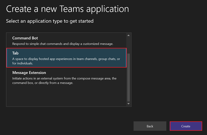 Captura de tela de Criar um novo aplicativo do Teams com as opções Tab e Create realçadas em vermelho.