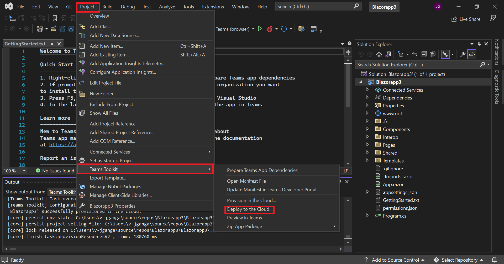 Captura de tela do Visual Studio com o Project, o Teams Toolkit e as opções Implantar na nuvem realçadas em vermelho.