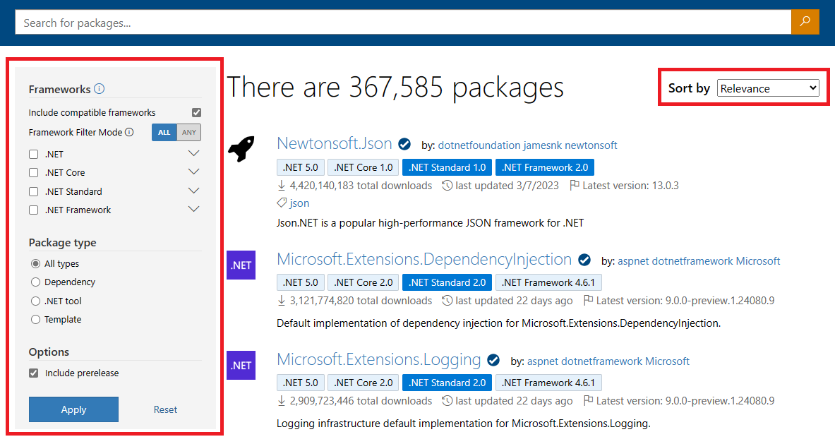 Screenshot that shows the filtering and sorting options on nuget.org.
