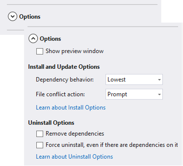 Captura de tela mostrando o controle Opções do gerenciador de pacotes NuGet expandido.