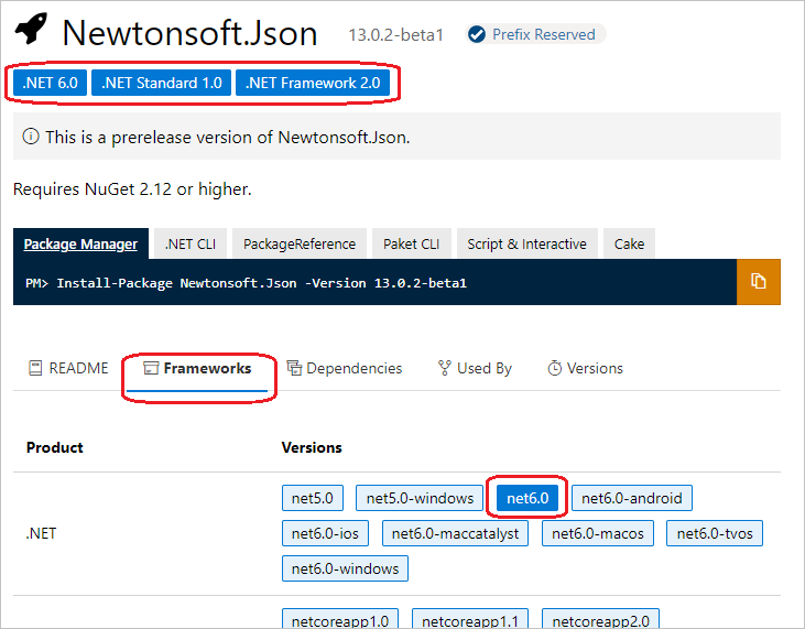 Screenshot of the Frameworks UI and tab on the package page at nuget.org.
