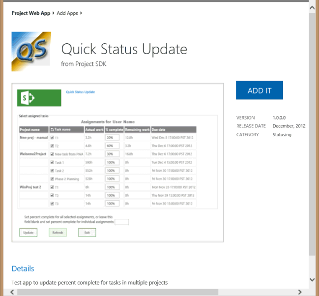 Adicionar o aplicativo QuickStatus ao Project Web App