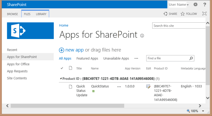 O aplicativo QuickStatus é adicionado ao SharePoint