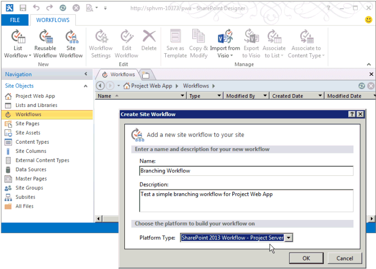 Criar um fluxo de trabalho de site do Project Server