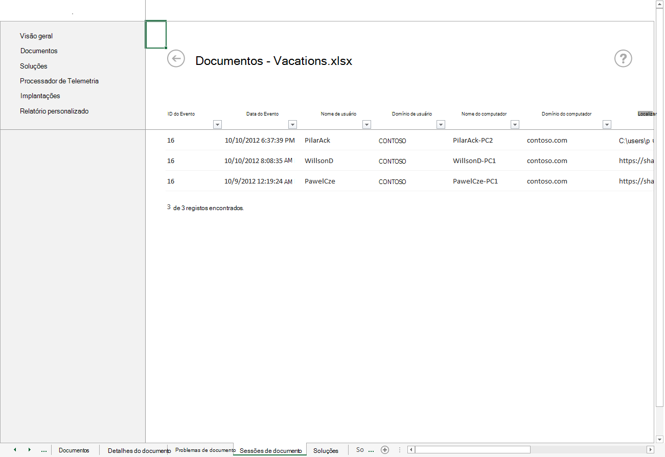 A screenshot of document sessions for Vacations.xlsx with event details and user information.