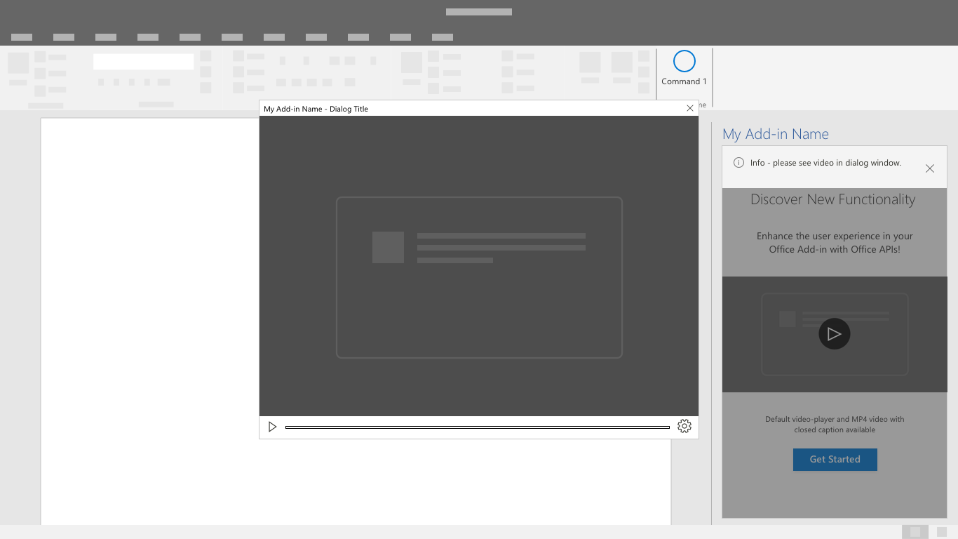 Ilustração mostrando um vídeo em uma janela de diálogo com um aplicativo da área de trabalho do Office e um painel de tarefas de suplemento em segundo plano.