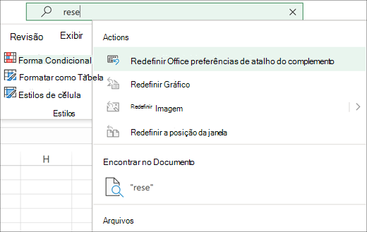 A caixa de pesquisa Diga-me no Excel mostrando a ação redefinir preferências de atalho do Suplemento do Office.