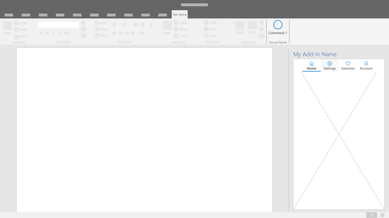 Ilustração mostrando uma barra de guias em um painel de tarefas do aplicativo da área de trabalho do Office. Este exemplo mostra uma barra de guias imediatamente abaixo do nome do suplemento com as guias 