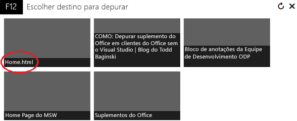 Tela IEChooser, com vários processos da Internet Explorer e Trident listados. Um é chamado Home.html.