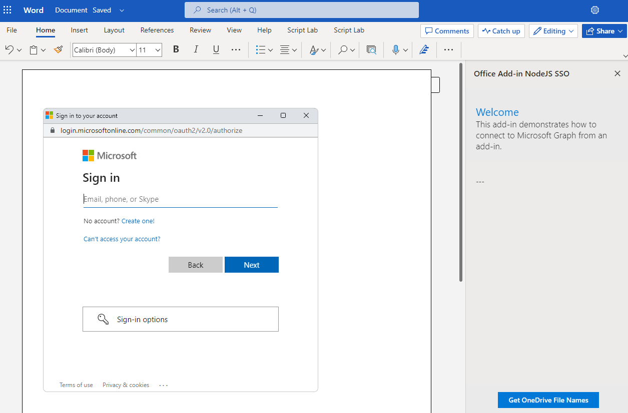 Caixa de diálogo de entrada com plataforma de identidade da Microsoft no Word.