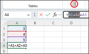 Captura de ecrã do editor de fórmulas do Excel com A1+A2 selecionado e um valor de pré-visualização de 7 apresentado acima do editor de fórmulas.