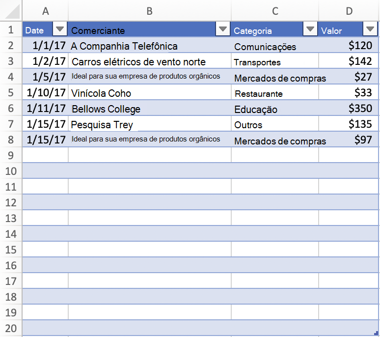 Tabela com várias linhas vazias no Excel.