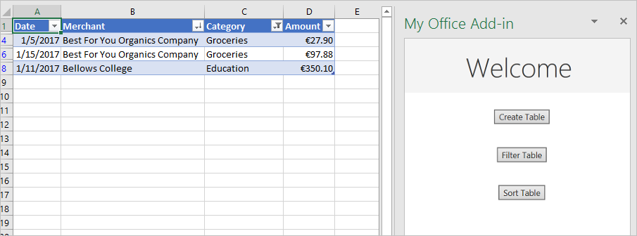 Excel com os botões Filtrar Tabela e Ordenar Tabela visíveis no painel de tarefas do suplemento.