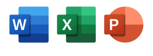 Ícones fluentes da interface do usuário para Word, Excel e PowerPoint.