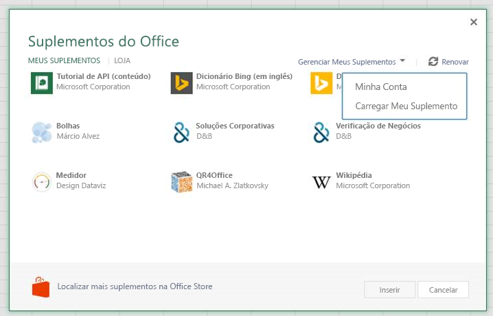 A caixa de diálogo Suplementos do Office com uma lista suspensa na leitura superior direita 