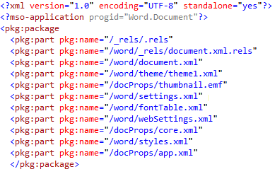 Trecho de código do Office Open XML de uma parte de pacote.