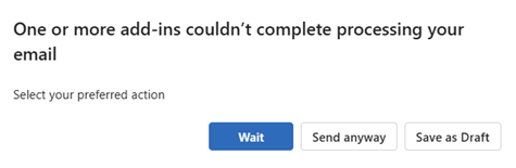A caixa de diálogo mostrada no Outlook na Web e no novo Outlook no Windows quando um usuário navega para fora de uma mensagem que está sendo processada por um suplemento de Alertas Inteligentes que implementa a opção de modo de envio imediato do usuário.