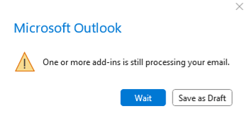 A caixa de diálogo mostrada no Outlook clássico no Windows quando um usuário sai de uma mensagem que está sendo processada por um suplemento de Alertas Inteligentes que implementa o bloqueio suave ou a opção de modo de envio de bloco.