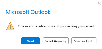 A caixa de diálogo mostrada no Outlook clássico no Windows quando um usuário sai de uma mensagem que está sendo processada por um suplemento de Alertas Inteligentes que implementa a opção de modo de envio imediato do usuário.