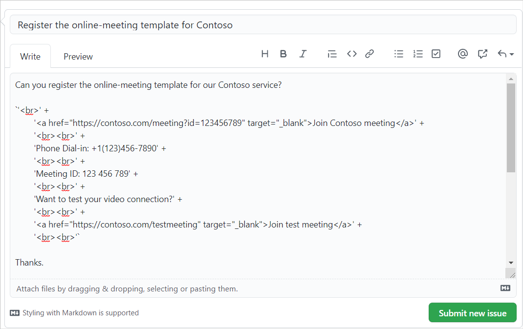 Uma nova tela de problemas do GitHub com o conteúdo de exemplo da Contoso.
