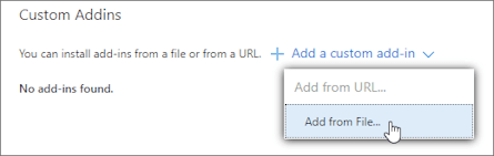 A opção Adicionar do Arquivo está selecionada na seção Suplementos Personalizados.