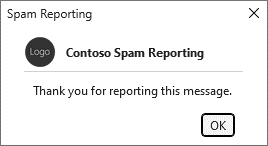 Um exemplo de uma caixa de diálogo pós-processamento apresentada depois de uma mensagem de spam reportada ter sido processada pelo suplemento.