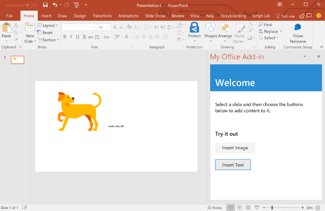 O PowerPoint com uma imagem de um cão e o texto Olá, Mundo no diapositivo.