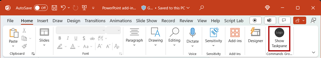 O botão Mostrar Painel de Tarefas realçado na faixa de opções Início no PowerPoint.