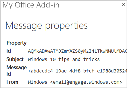 O painel de tarefas do suplemento no Outlook na Web exibindo propriedades da mensagem.
