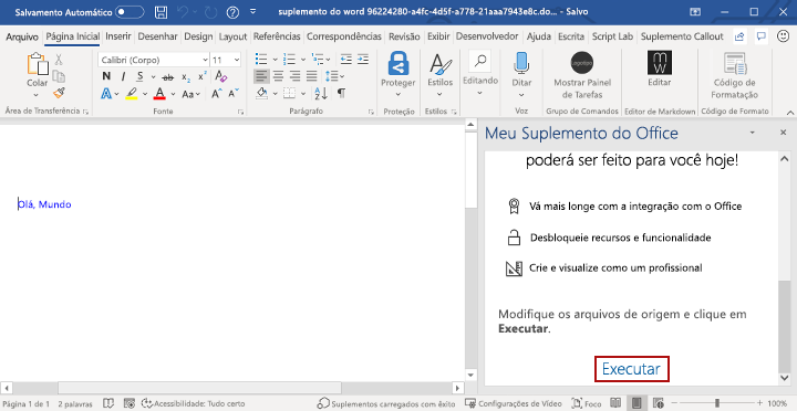 O aplicativo Word com o suplemento do painel de tarefas carregado.