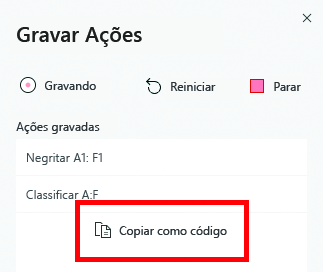 O painel de tarefas do Gravador de Ações com o botão 'Copiar como código' destacado.