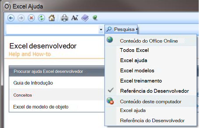 A filtragem na Ajuda do desenvolvedor se aplica a todos os aplicativos do Office