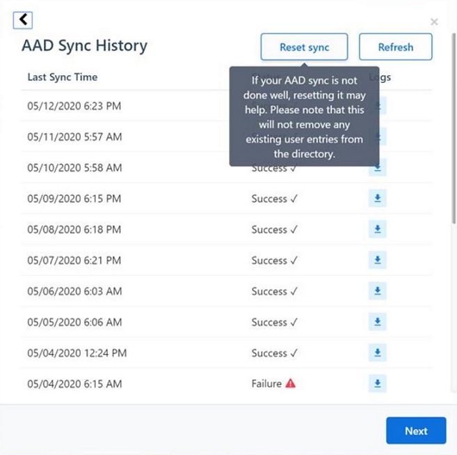Screenshot of the Azure AD Sync History Pane.