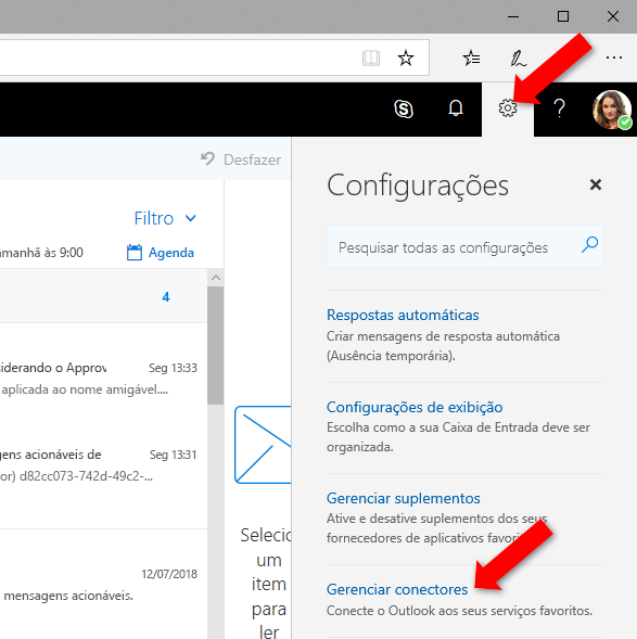 Uma captura de tela do menu Configurações do Outlook na Web.
