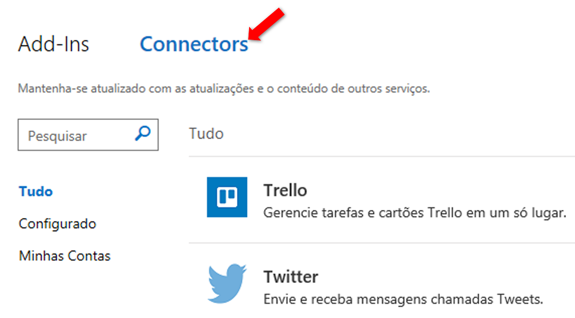 Uma captura de tela da guia Conectores na caixa de diálogo da Store no Outlook 2016 no Windows.