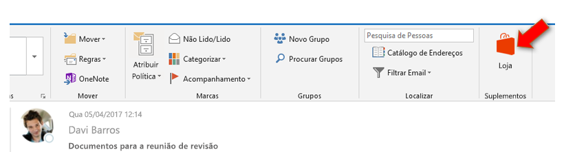Uma captura de tela do botão Store no Outlook 2016 no Windows.