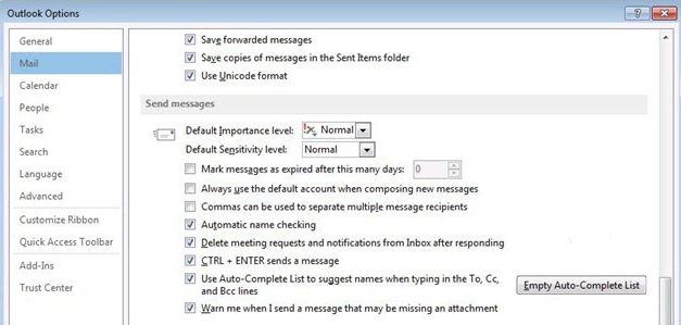 Captura de tela da janela Opções do Outlook que mostra o botão Lista Completa Automática Vazia.