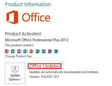 A captura de tela mostra Atualizações Office para a versão de clique para executar.