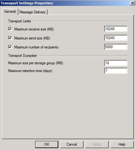 Captura de tela da caixa de diálogo Propriedades das Configurações de Transporte.
