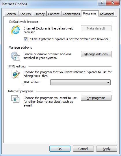 Captura de tela da guia Programas nas Opções da Internet.
